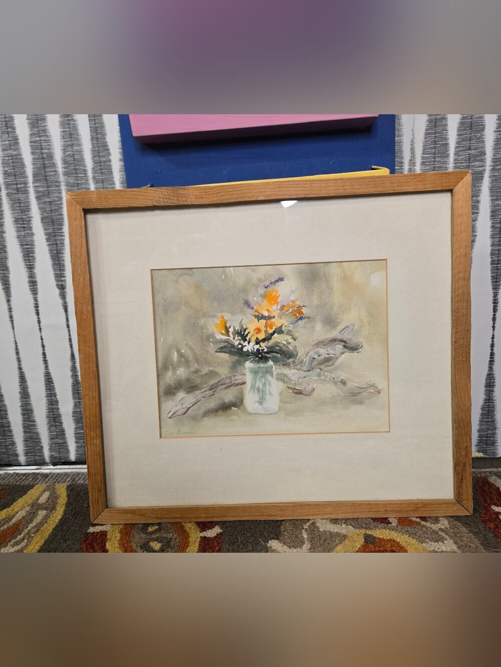 Vintage Framed Floral Watercolor Print – Rustic Wood Frame 18" x 16"